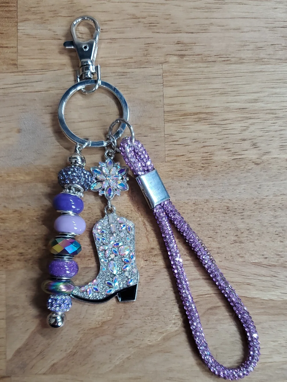 Purple Crystal Western Boot Beaded Keychain
